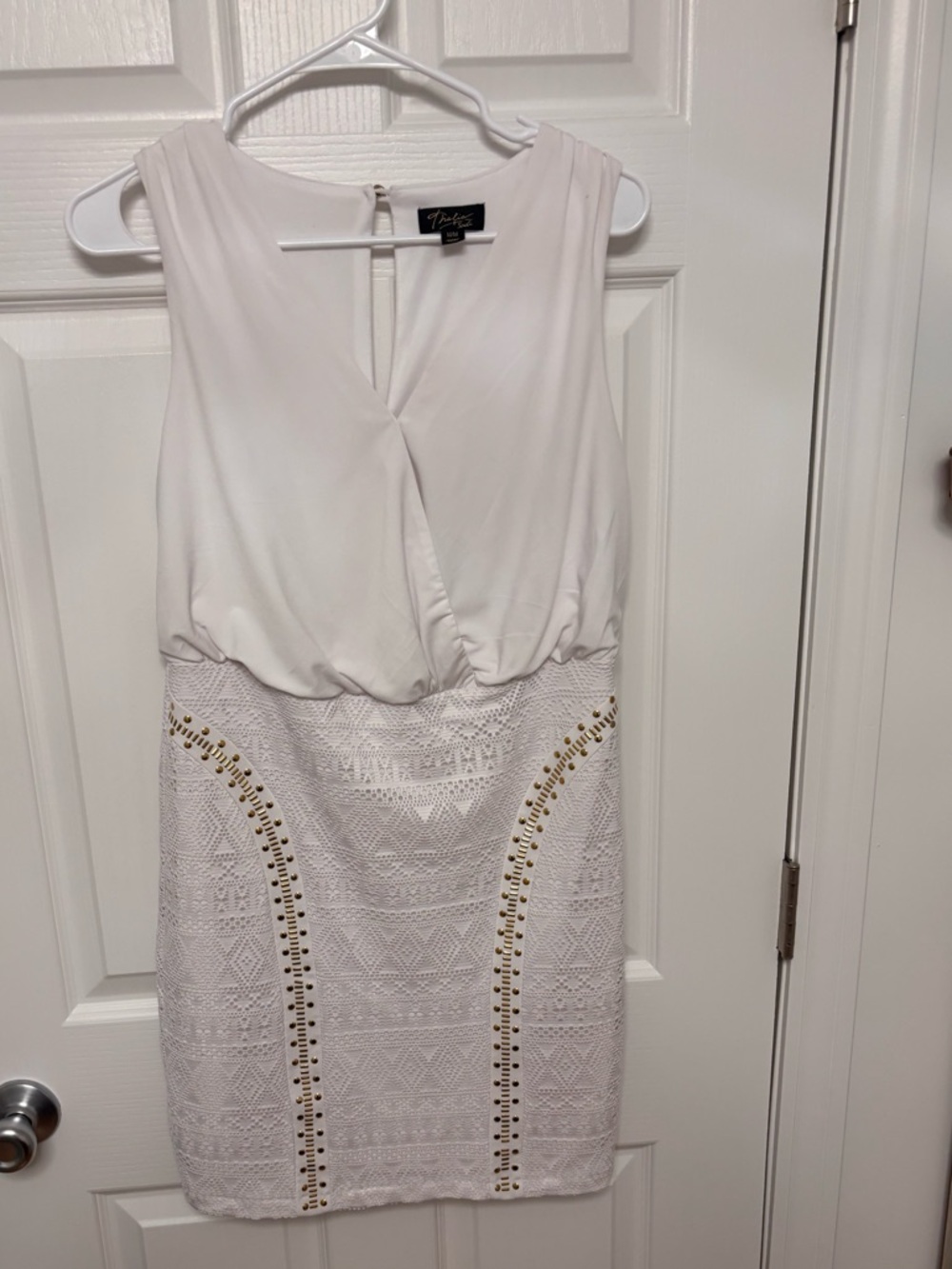 Thalia Sodi White Sleeveless Lace-Accent Mini Dress with Gold Studs